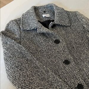 Women's Black and White Herringbone Coat with Detachable Faux Fur Collar